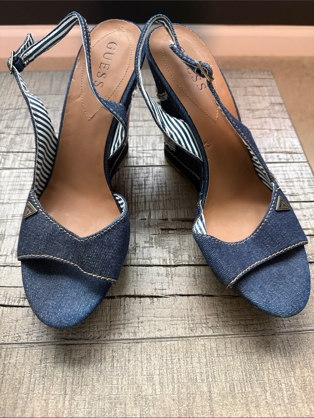 GUESS Denim Open-Toe Slingback Wedge Sandals in Dark Blue